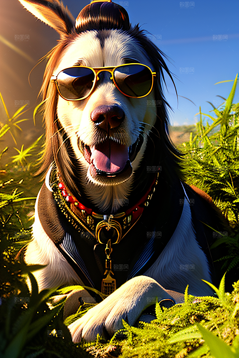 草堆里的狗狗戴墨镜细节逼真