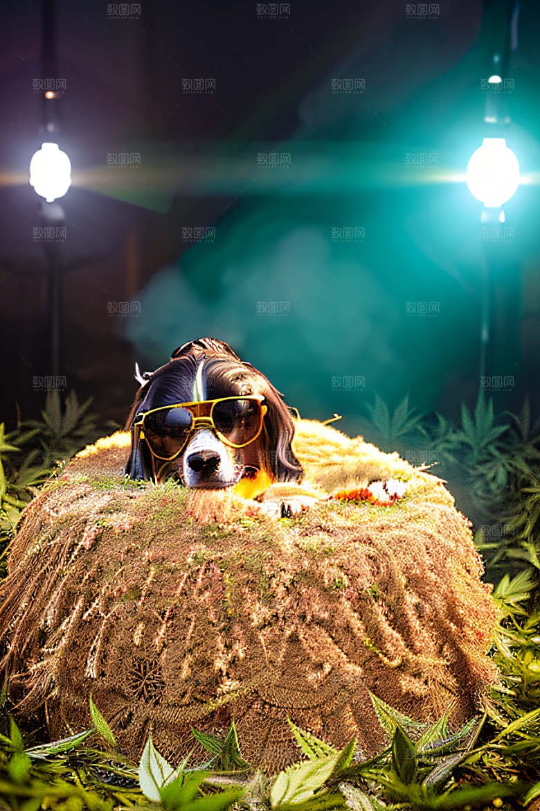 草堆里的狗狗戴墨镜细节逼真