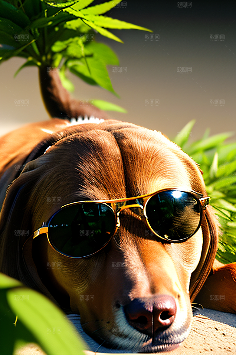 草堆里的狗狗戴墨镜细节逼真