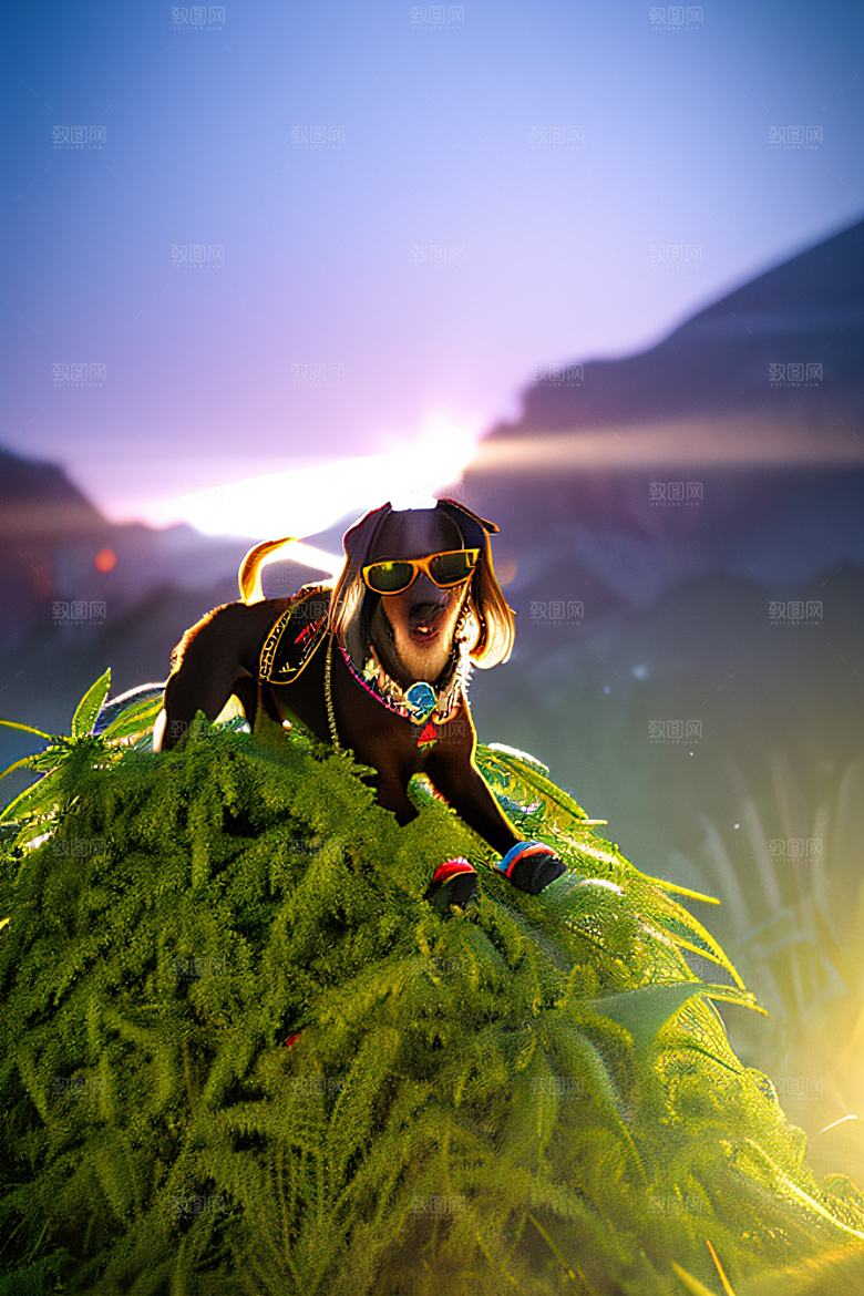 狗狗草堆中闲逛墨镜遮面细节丰富