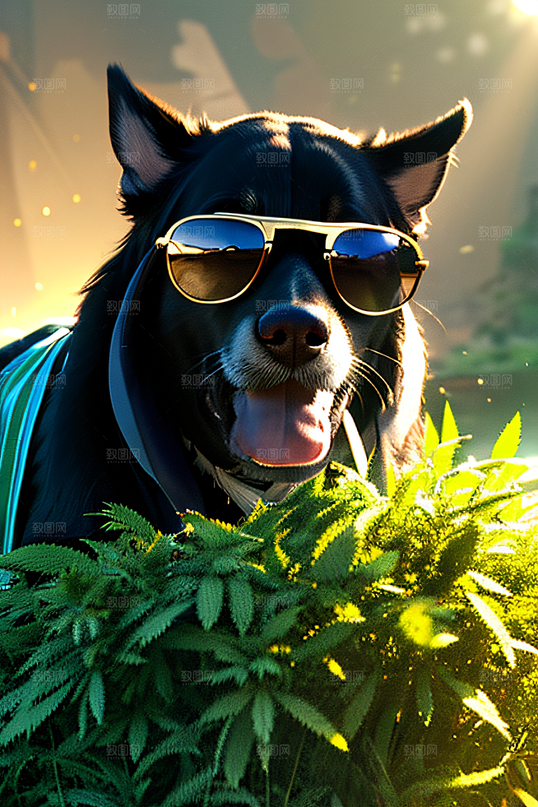 狗狗草堆中闲逛墨镜遮面细节丰富