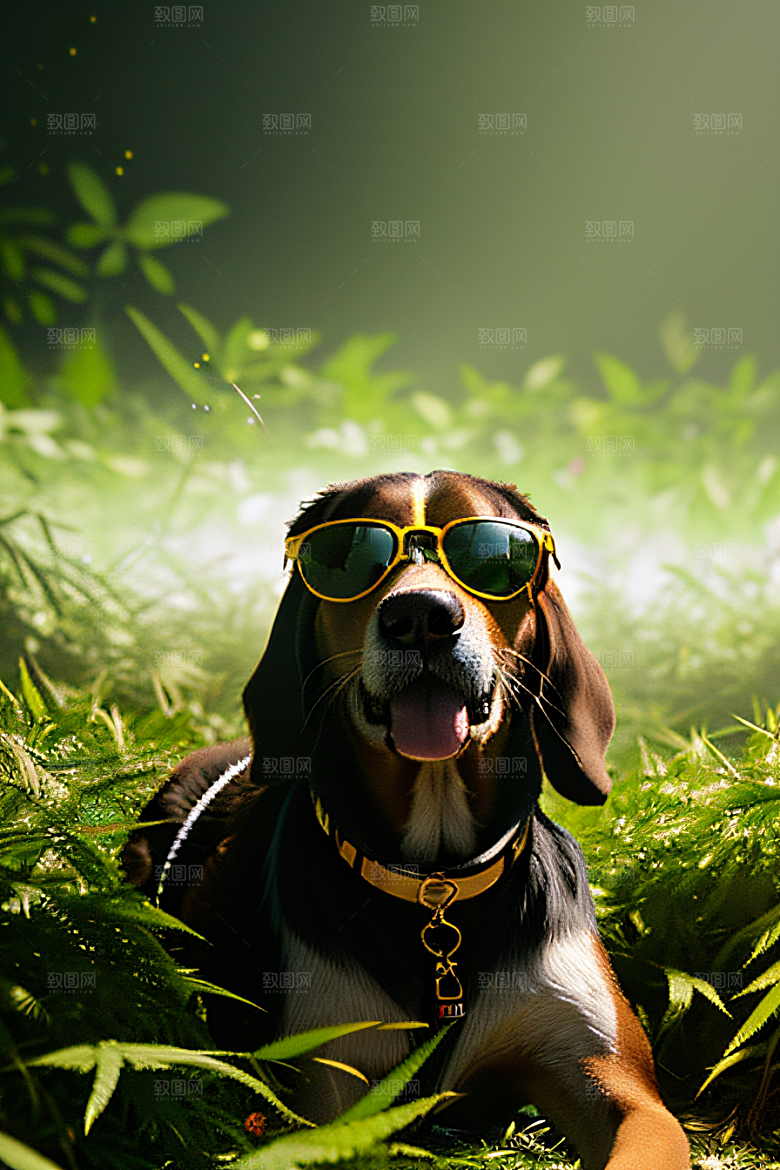 狗狗草堆中闲逛墨镜遮面细节丰富