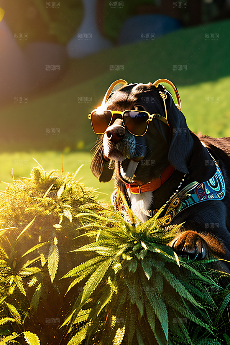 狗狗草堆中闲逛墨镜遮面细节丰富