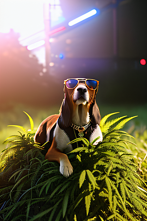 狗狗草堆迷失炫酷太阳镜细节逼真