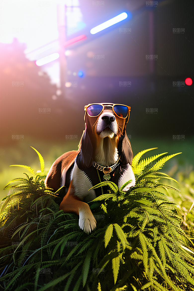 狗狗草堆迷失炫酷太阳镜细节逼真