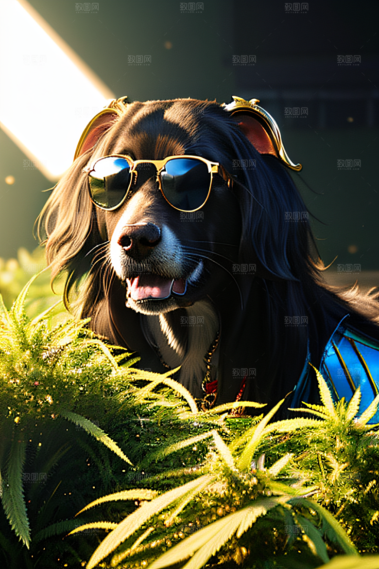 狗狗草堆迷失炫酷太阳镜细节逼真