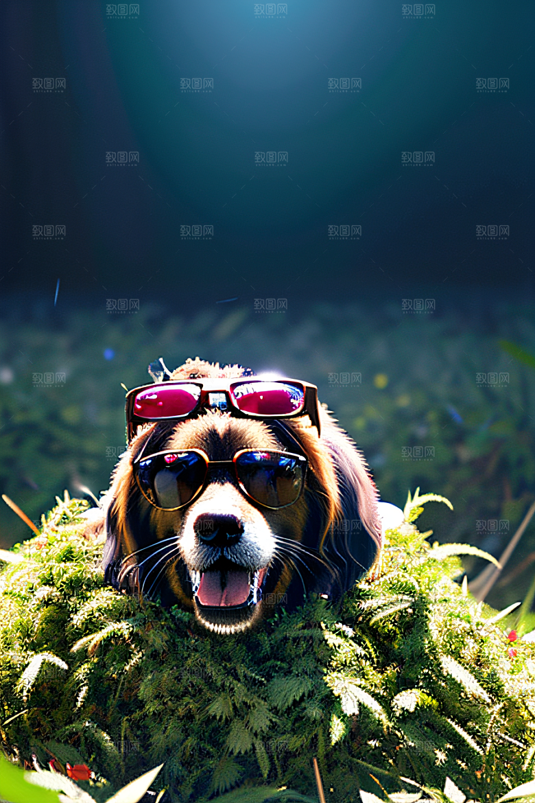 狗狗草堆迷失炫酷太阳镜细节逼真