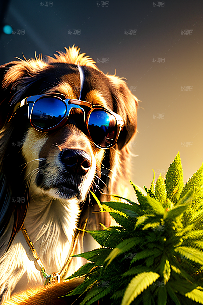 狗狗草堆迷失炫酷太阳镜细节逼真