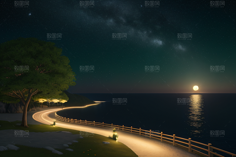 海上巨大弯月美景