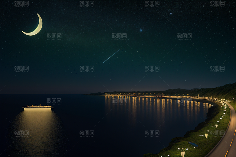 海上巨大弯月美景
