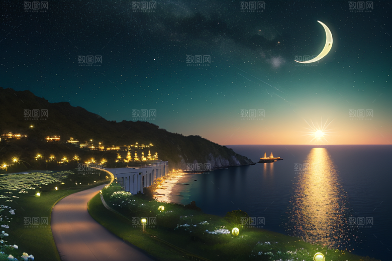 海上巨大弯月美景