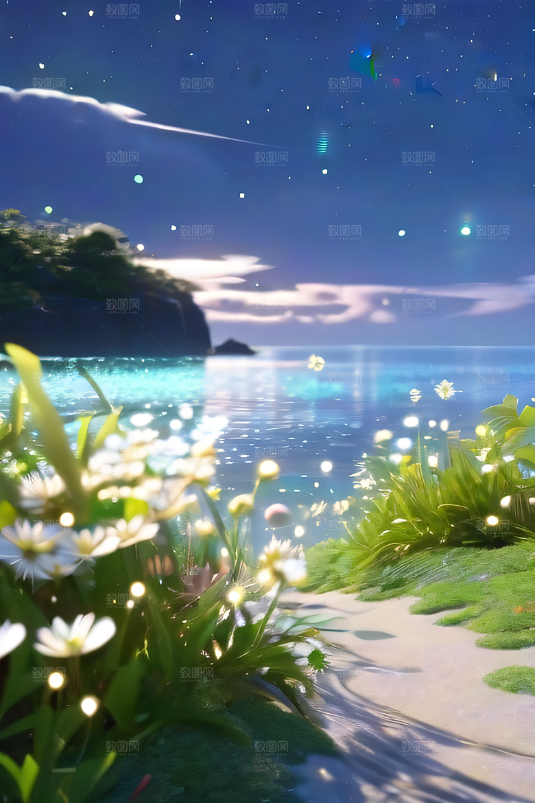 白色沙滩路上的绿色花海