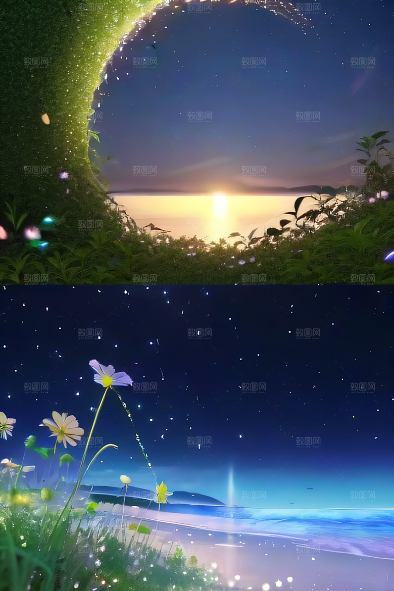 白色沙滩路上的绿色花海