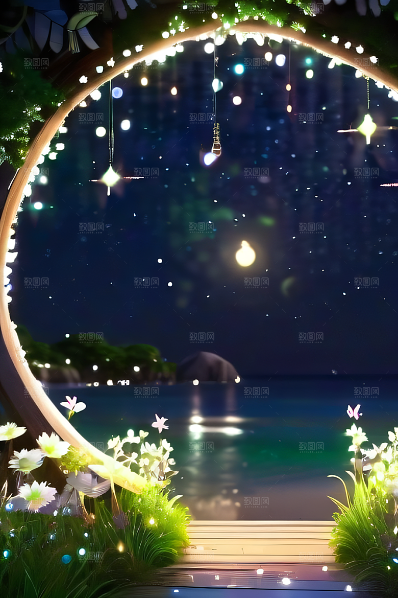 白色沙滩路上的绿色花海