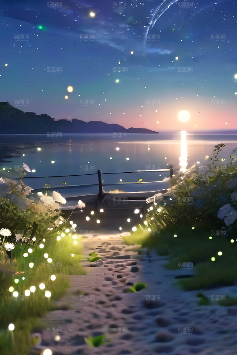 白色沙滩路上的绿色花海