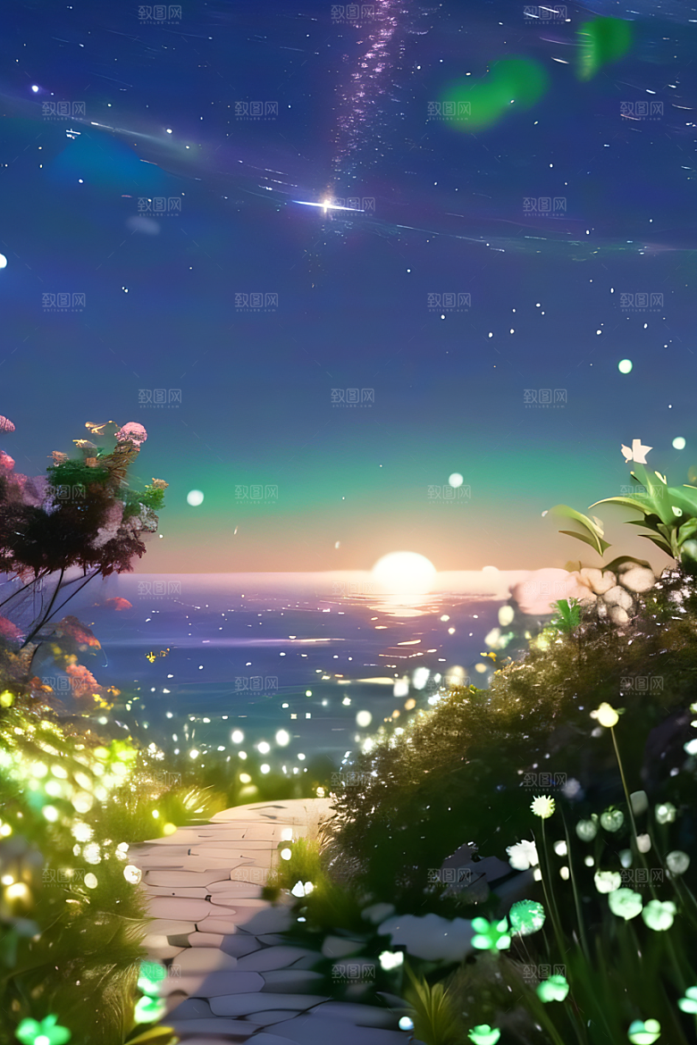 白色沙滩路上的绿色花海