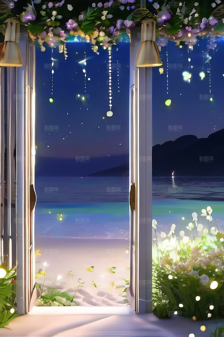 白色沙滩路上的绿色花海