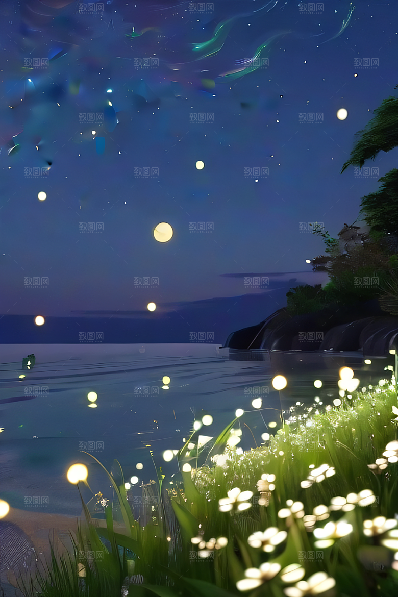 白色沙滩路上的绿色花海
