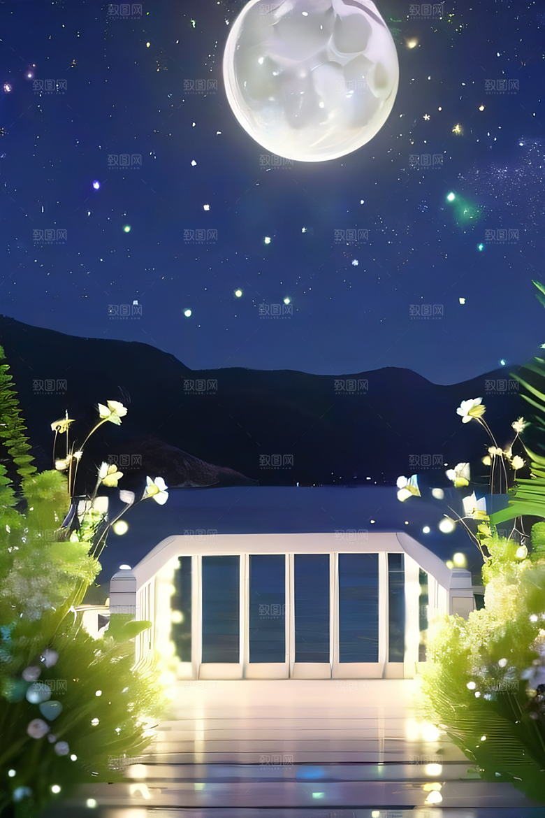 白色沙滩路上的绿色花海