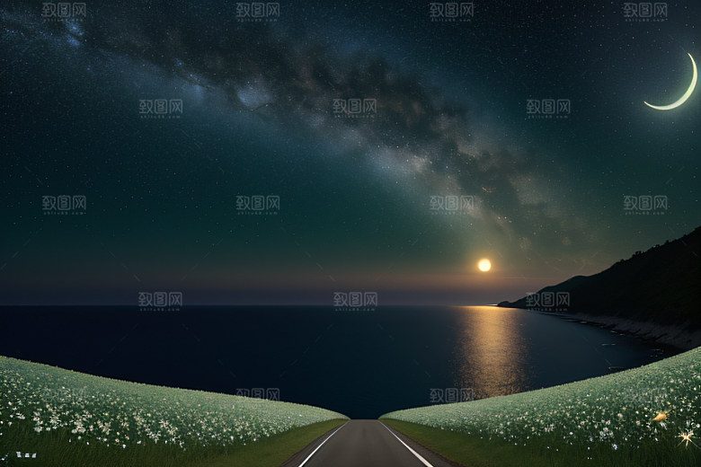 浪漫花朵绽放海边美景