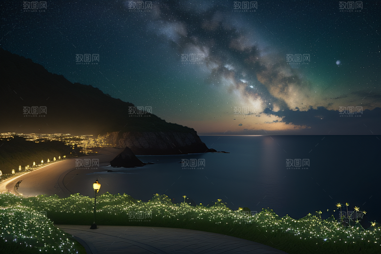 浪漫花朵绽放海边美景