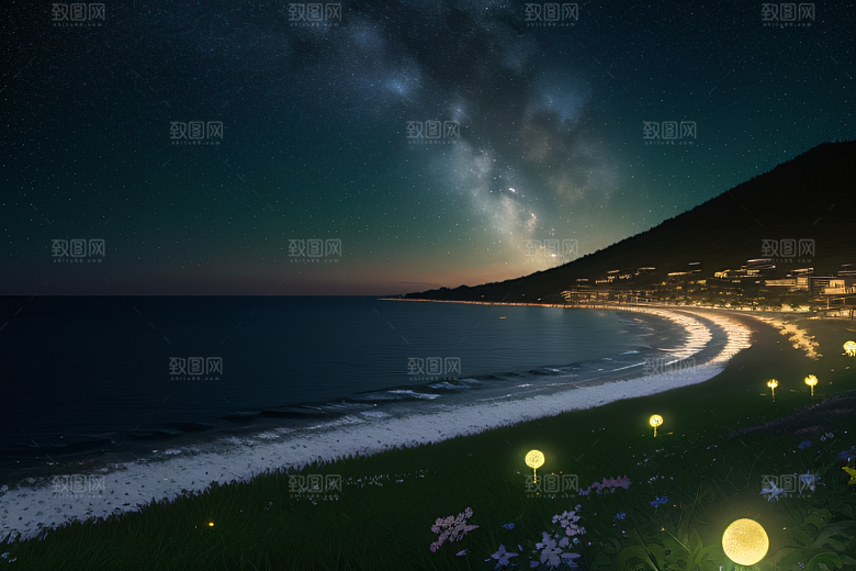 浪漫花朵绽放海边美景