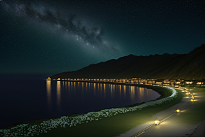 浪漫花朵绽放海边美景