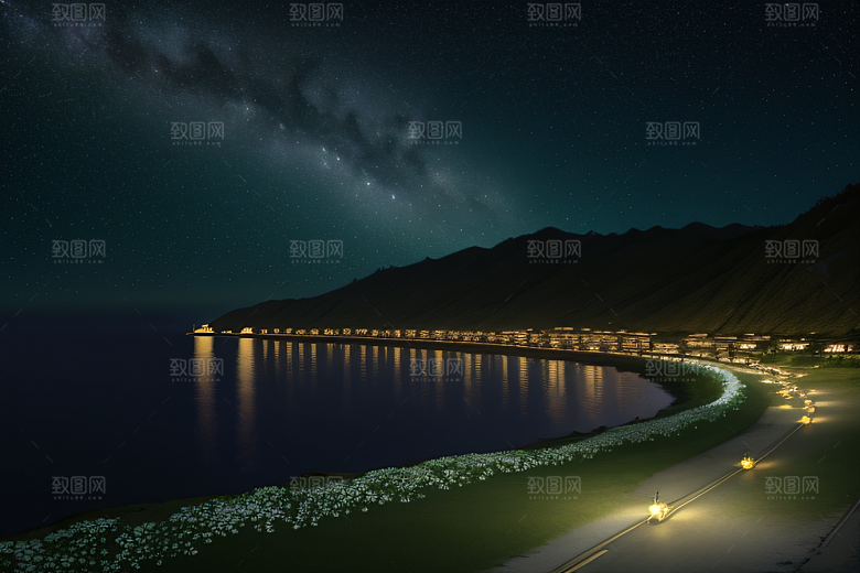 浪漫花朵绽放海边美景