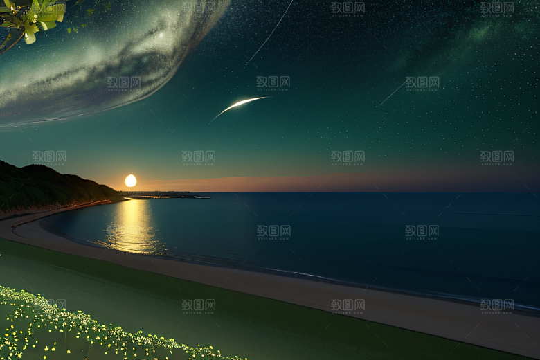 绚丽的花海海边美景
