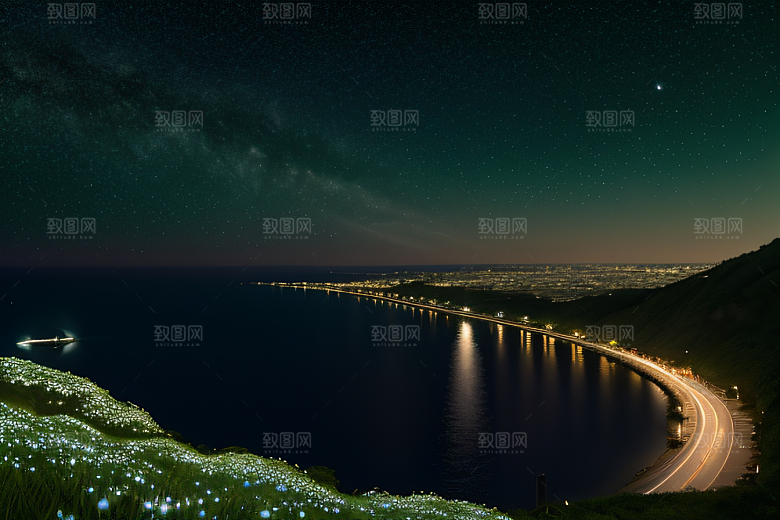 绚丽的花海海边美景