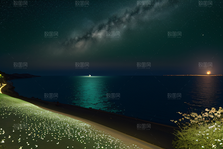 绚丽的花海海边美景