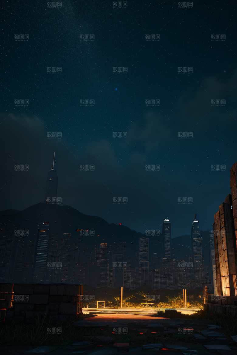 梦幻星空下的香港废墟