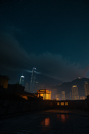 香港夜晚的废墟美景