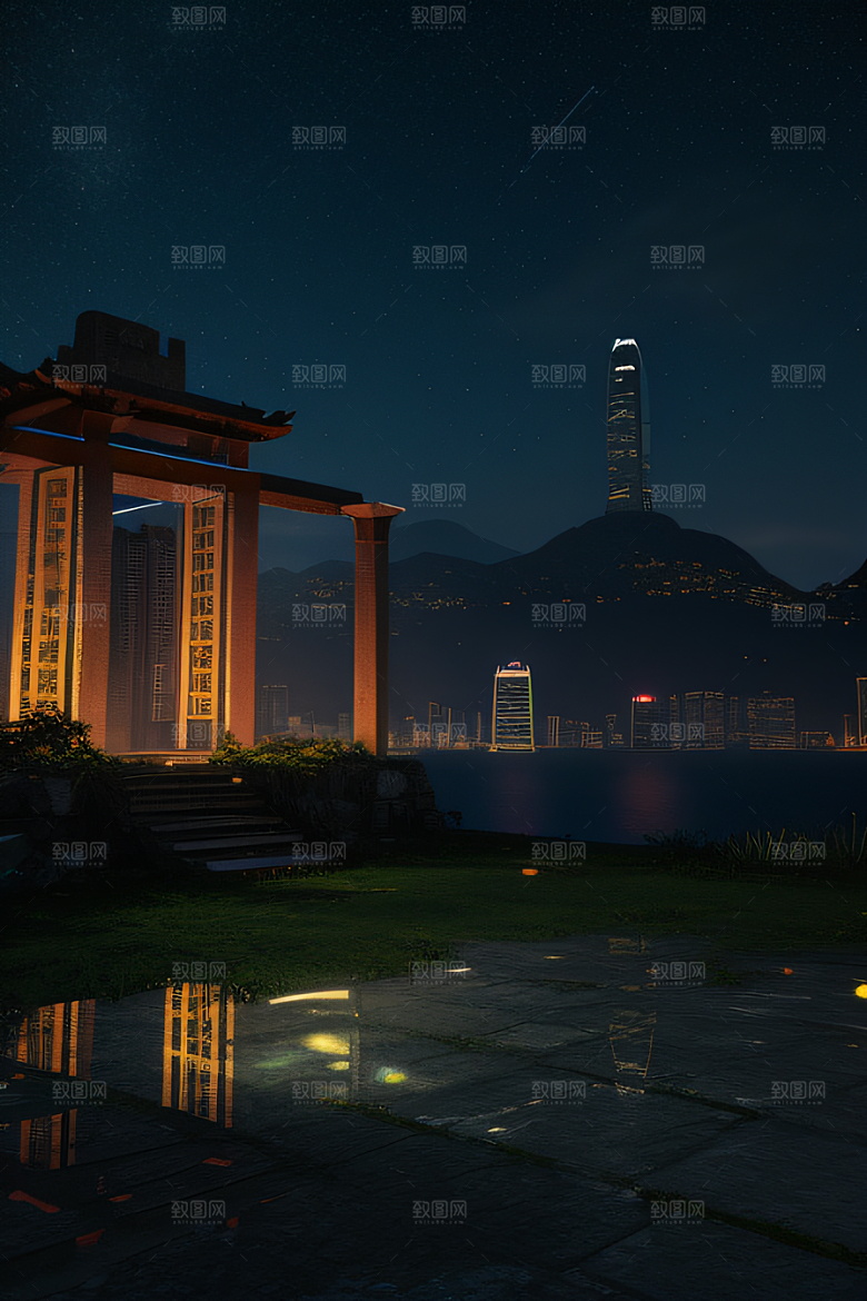 香港夜晚的废墟美景
