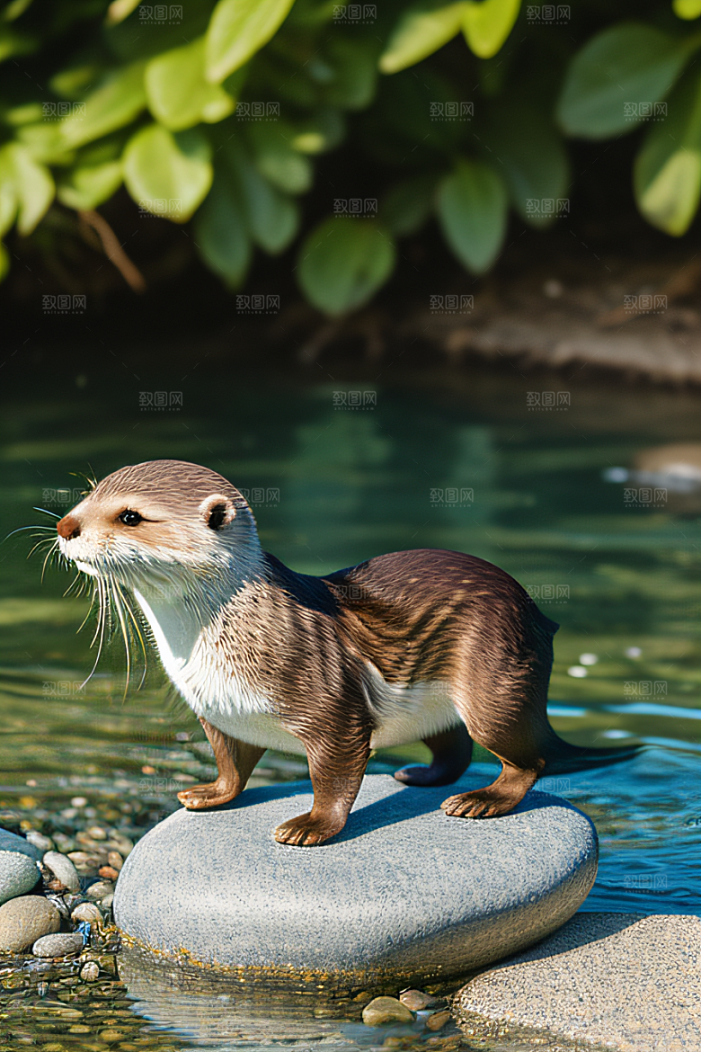 阳光湖畔可爱小水獭与鹅卵石塔