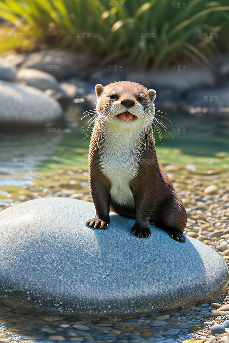 湖边景色小水獭玩转鹅卵石塔