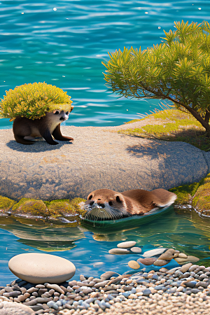 湖边景色小水獭玩转鹅卵石塔