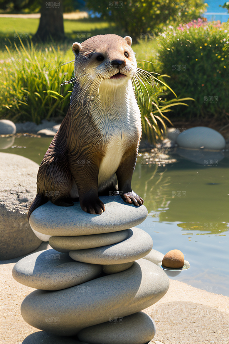湖边景色小水獭玩转鹅卵石塔