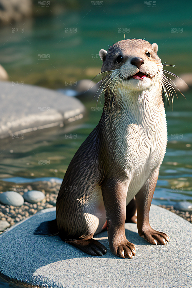 湖边景色小水獭玩转鹅卵石塔