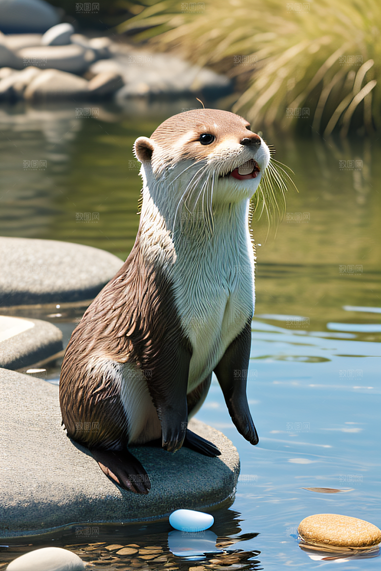 清新画面小水獭爱上鹅卵石塔