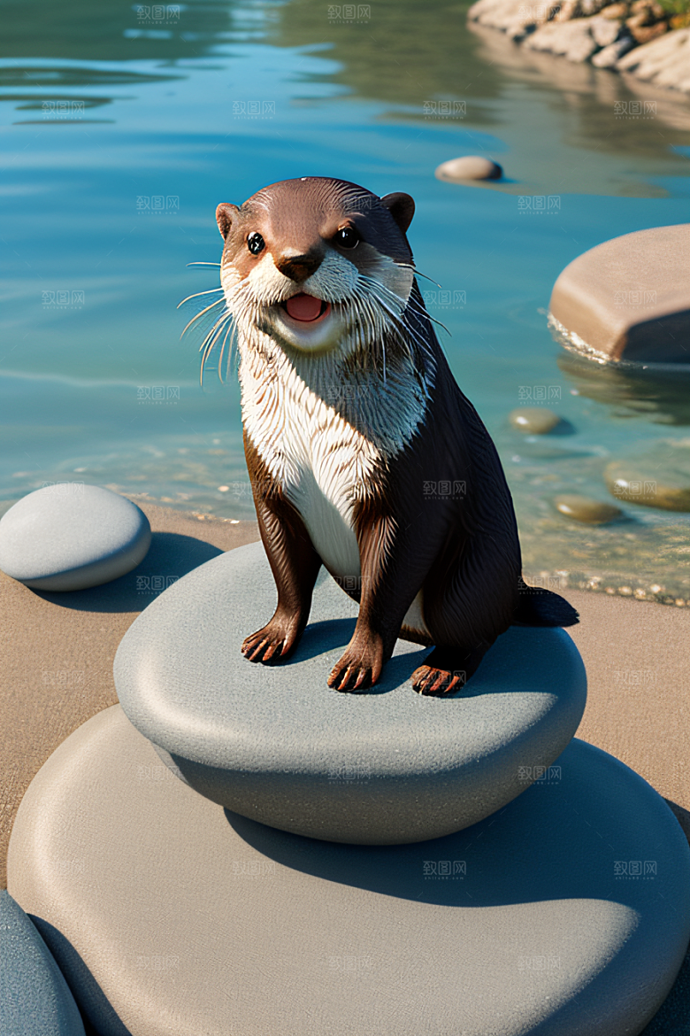 清新画面小水獭爱上鹅卵石塔