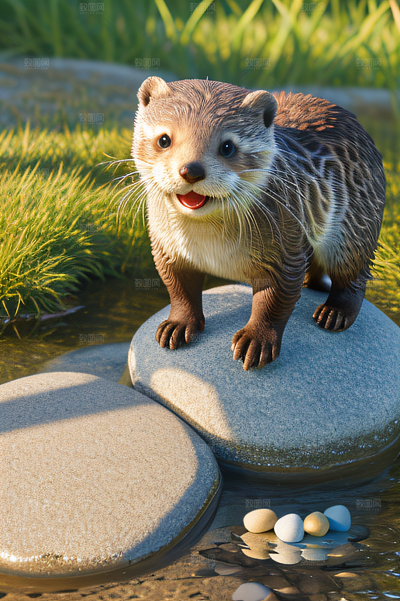 清新画面小水獭爱上鹅卵石塔