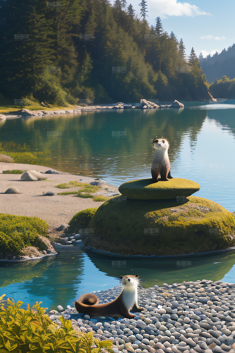 艺术之光小水獭与鹅卵石塔合影