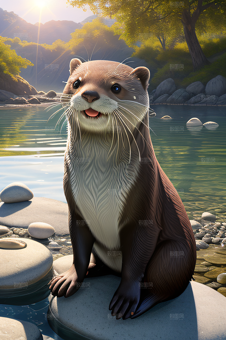 艺术之光小水獭与鹅卵石塔合影