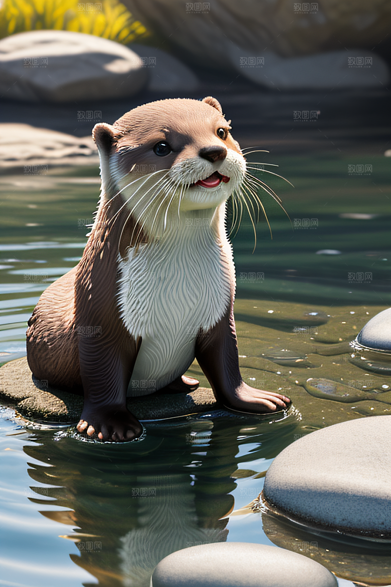 阳光湖畔可爱小水獭与鹅卵石塔