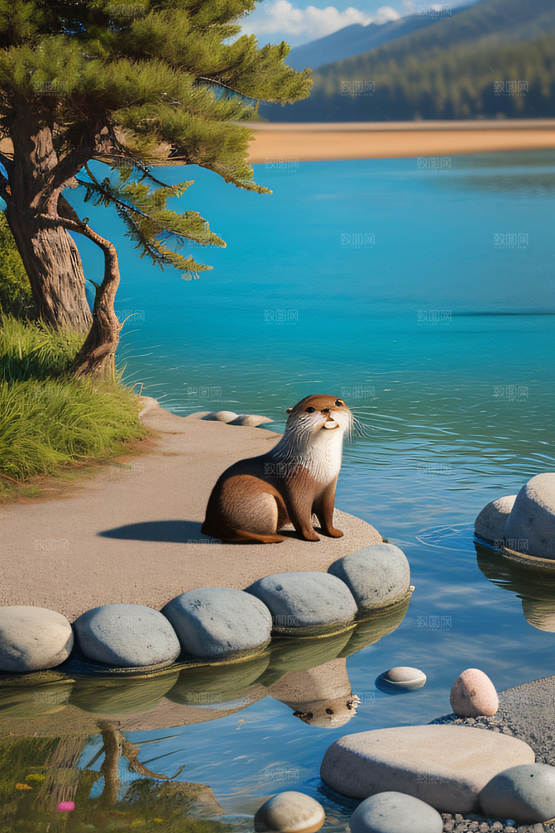 阳光湖畔可爱小水獭与鹅卵石塔