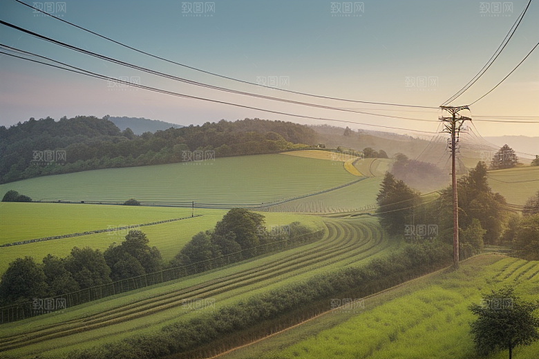 田园诗意乡村电线的美丽风景