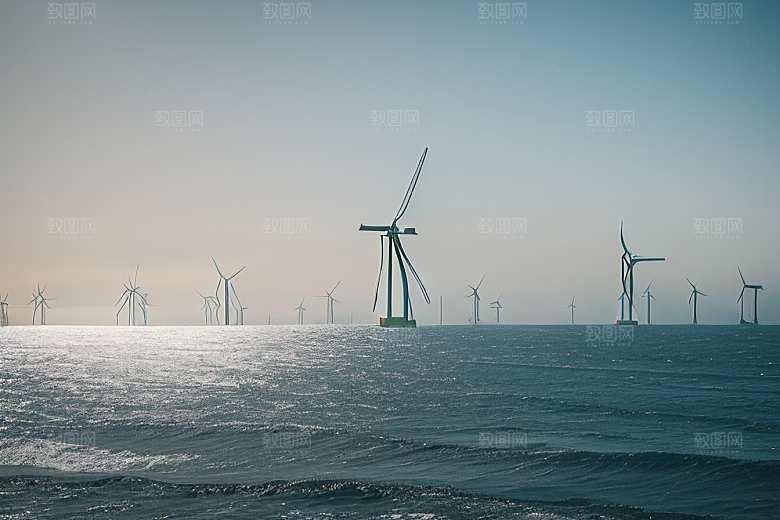 蓝色风景线海上大风车的美丽风光