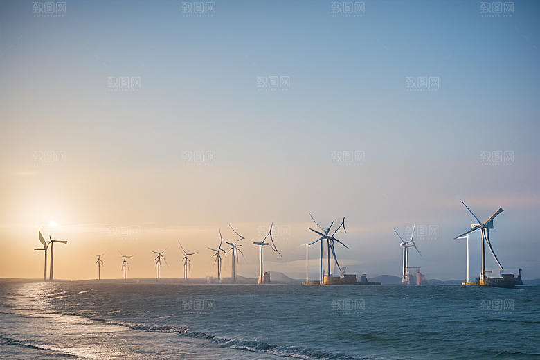 蓝色风景线海上大风车的美丽风光