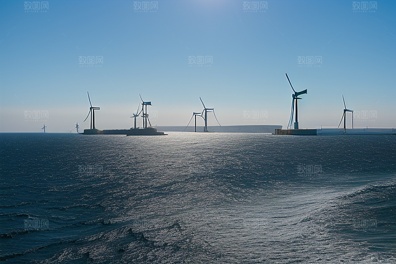 蓝色风景线海上大风车的美丽风光